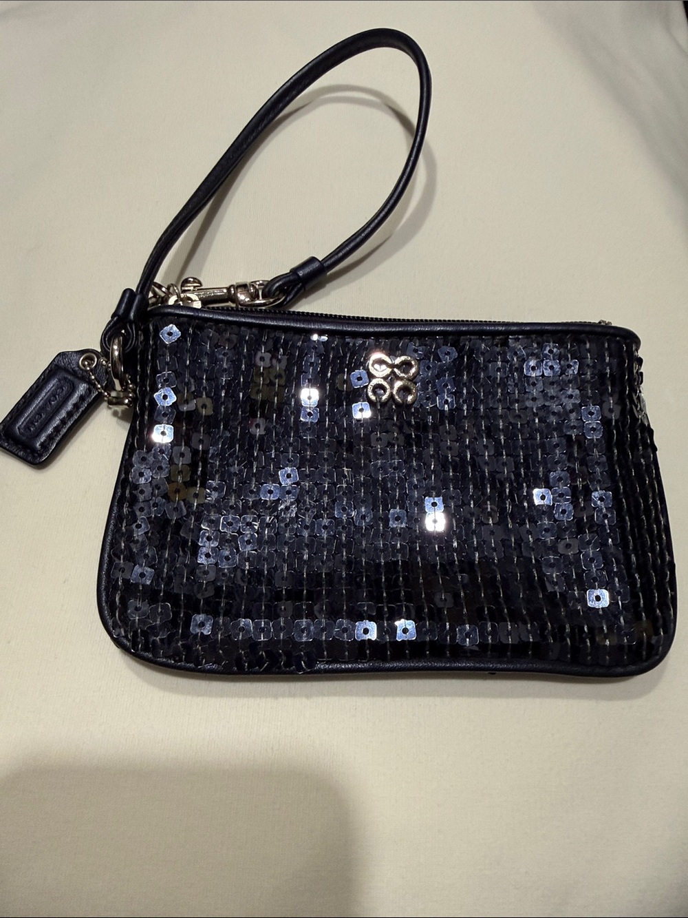 Coach Black Sequin Wristlet Clutch with Logo Accent